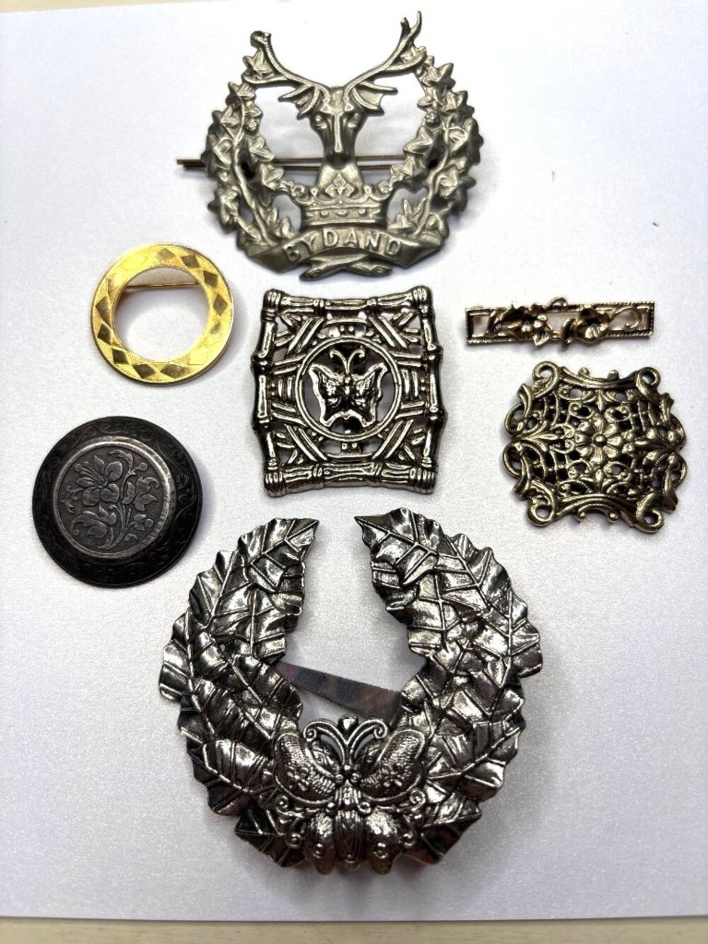 Scarf Clip Lot: John Hardy, French Brevete, Avon Floral, WWI Hat Medal Pin